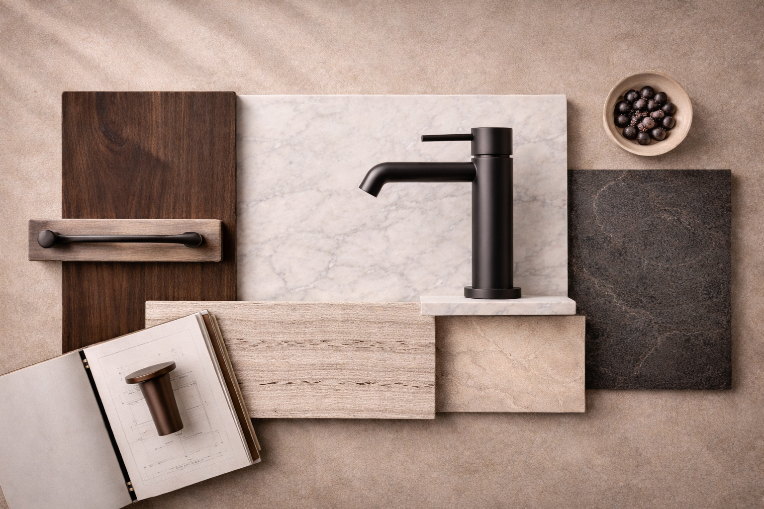 Sélection de matériaux pour salle de bain haut de gamme Flat lay d'échantillons de matériaux pour salle de bain haut de gamme: bois foncé, pierre claire et robinetterie métal noir.