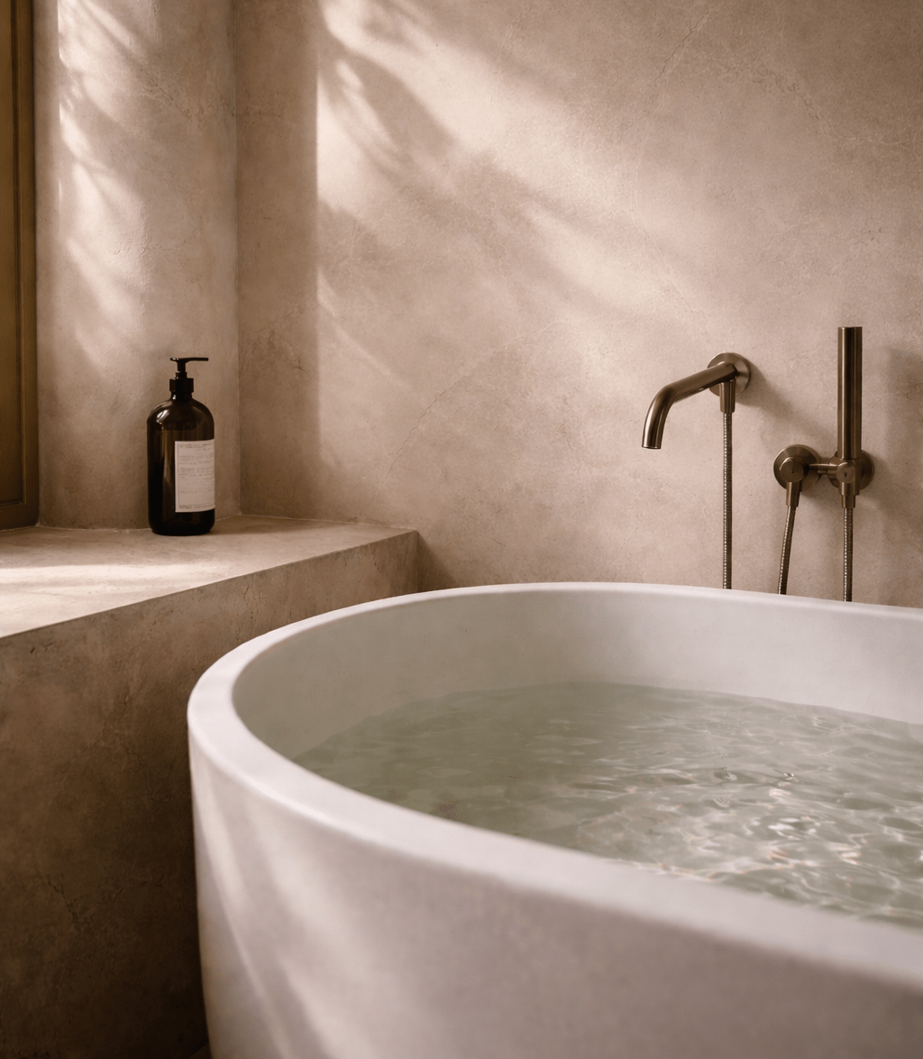 salle de bain en tadelakt avec baignoire îlot remplie d'eau, lumière naturelle créant des jeux d'ombres sur la matière.