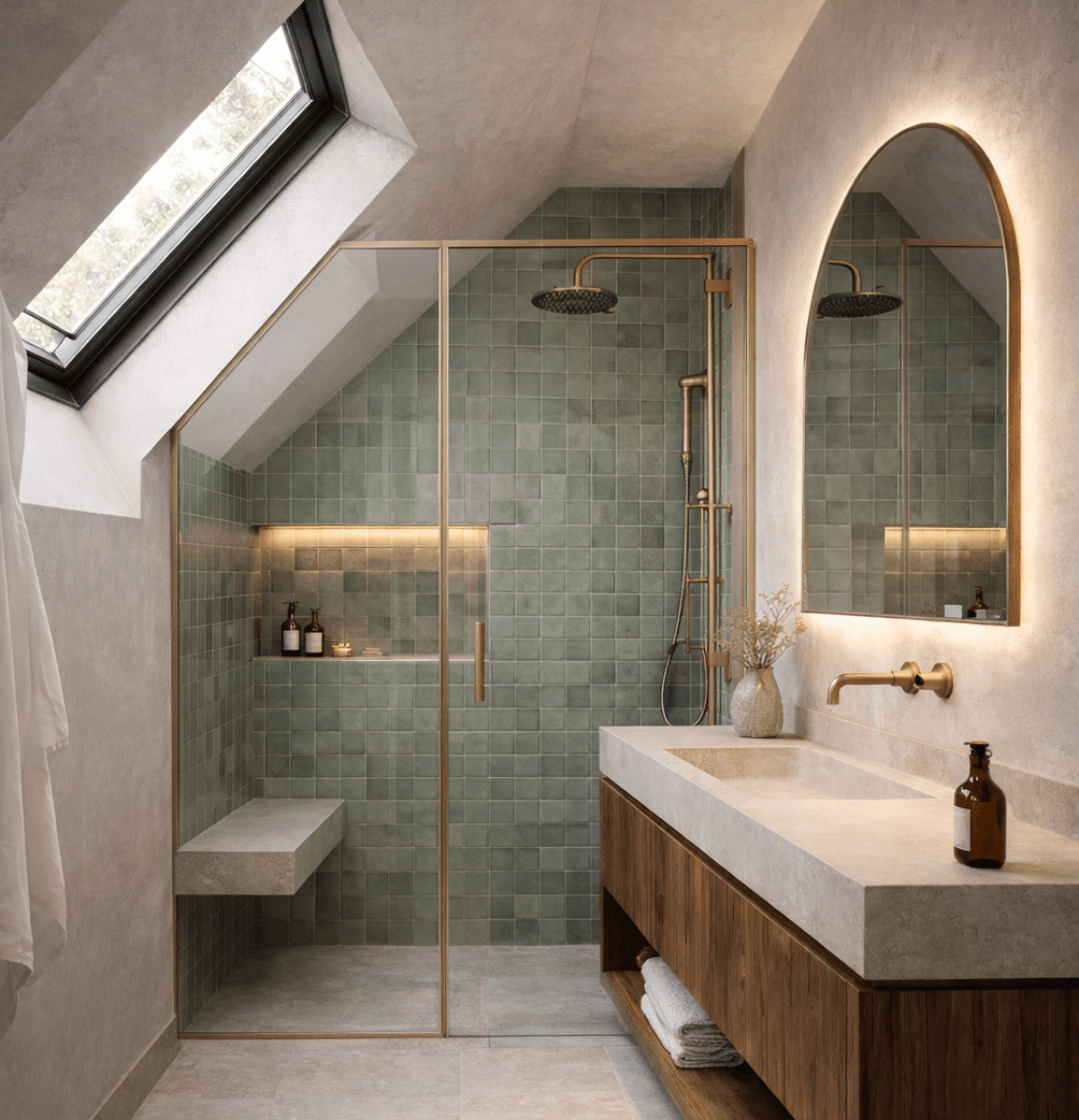 Salle de bain sous pente avec douche en zellige vert sauge et meuble vasque en bois foncé - projet d'architecture d'intérieur à Toulouse.