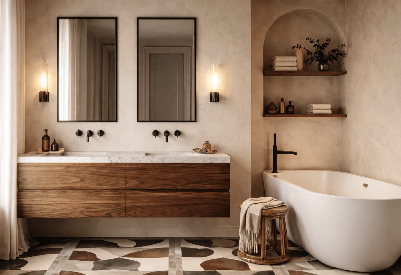 salle-de-bain-intemporelle-bois-carrelage-graphique Aménagement salle de bain design intemporel avec bois, béton ciré et carrelage graphique