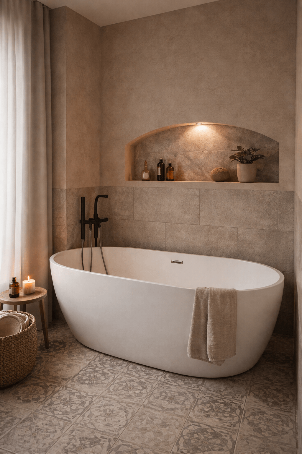 Baignoire îlot dans une petite salle de bain avec niche intégrée, carrelage effet carreaux de ciment et ambiance chaleureuse