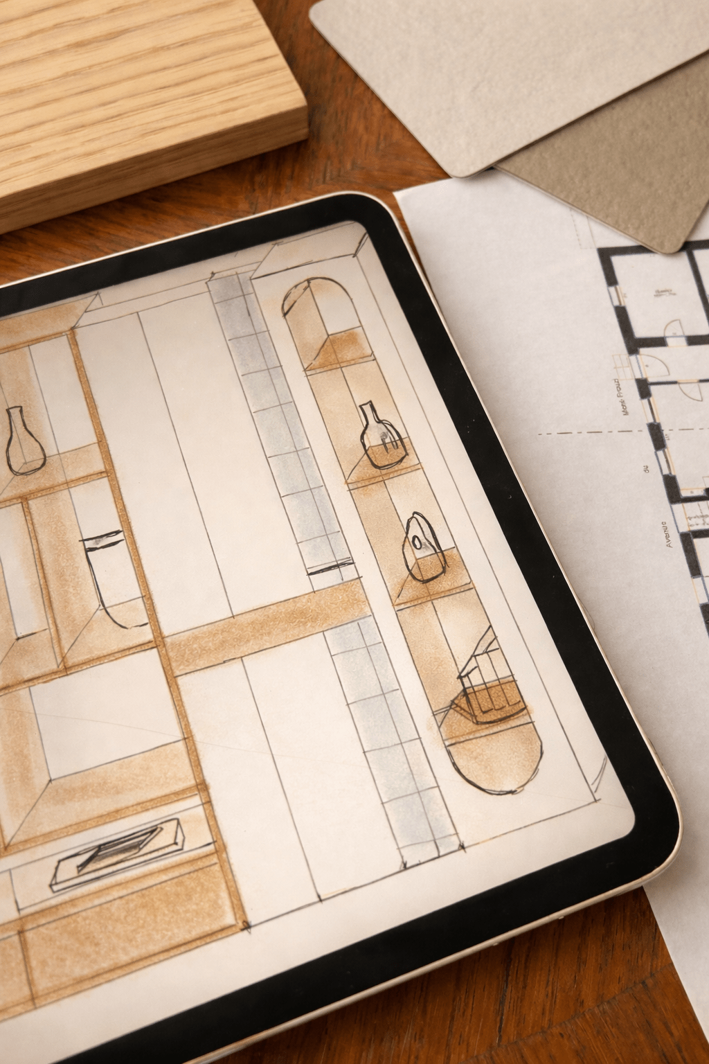 Croquis de salle de bain et sélection de matériaux pour projet d’architecture intérieure à Toulouse