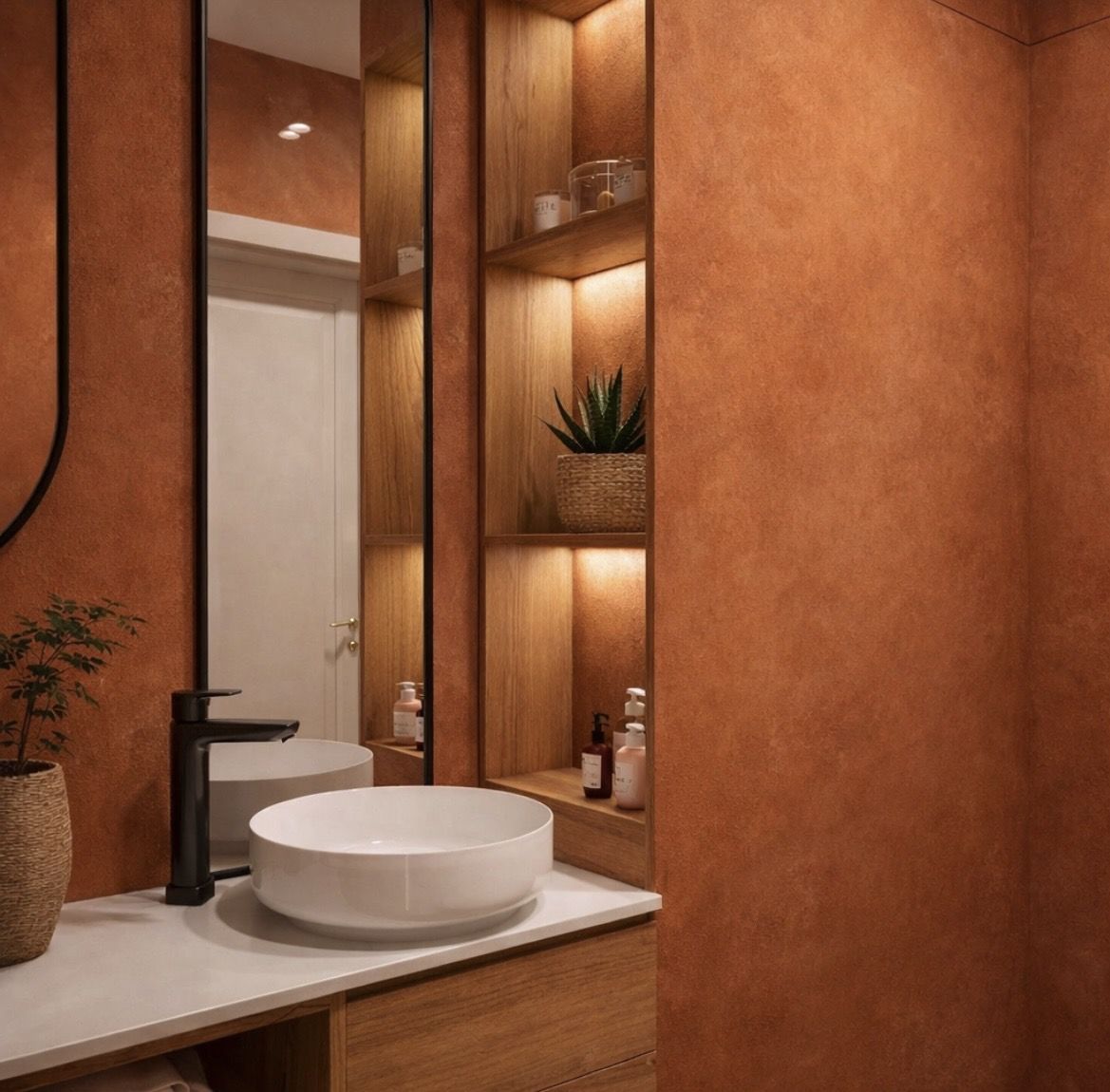 Petite salle de bain optimisée avec meuble vasque, niches intégrées et éclairage chaleureux