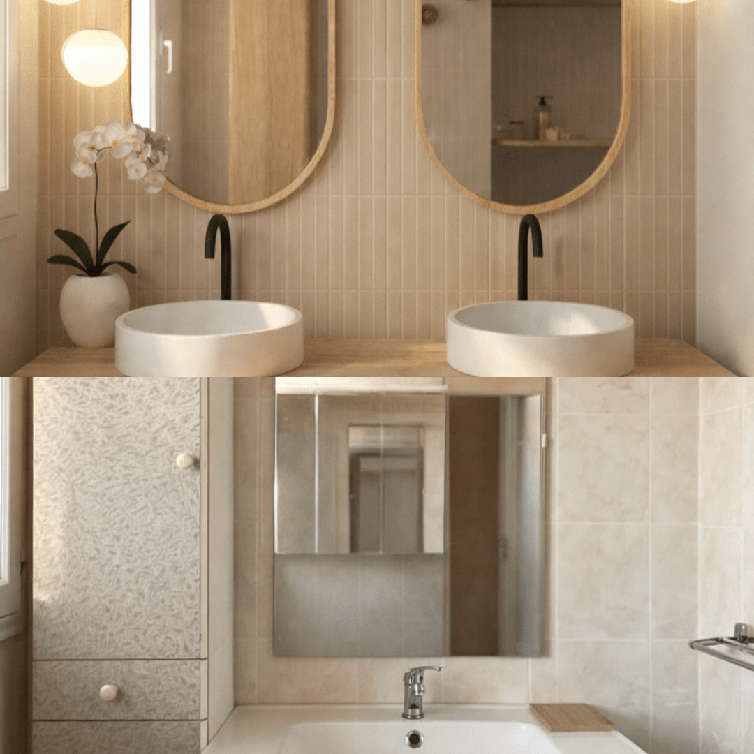 salle-de-bain-renovee-toulouse-double-vasque Rénovation salle de bain à Toulouse avec double vasque, bois et miroir arrondi